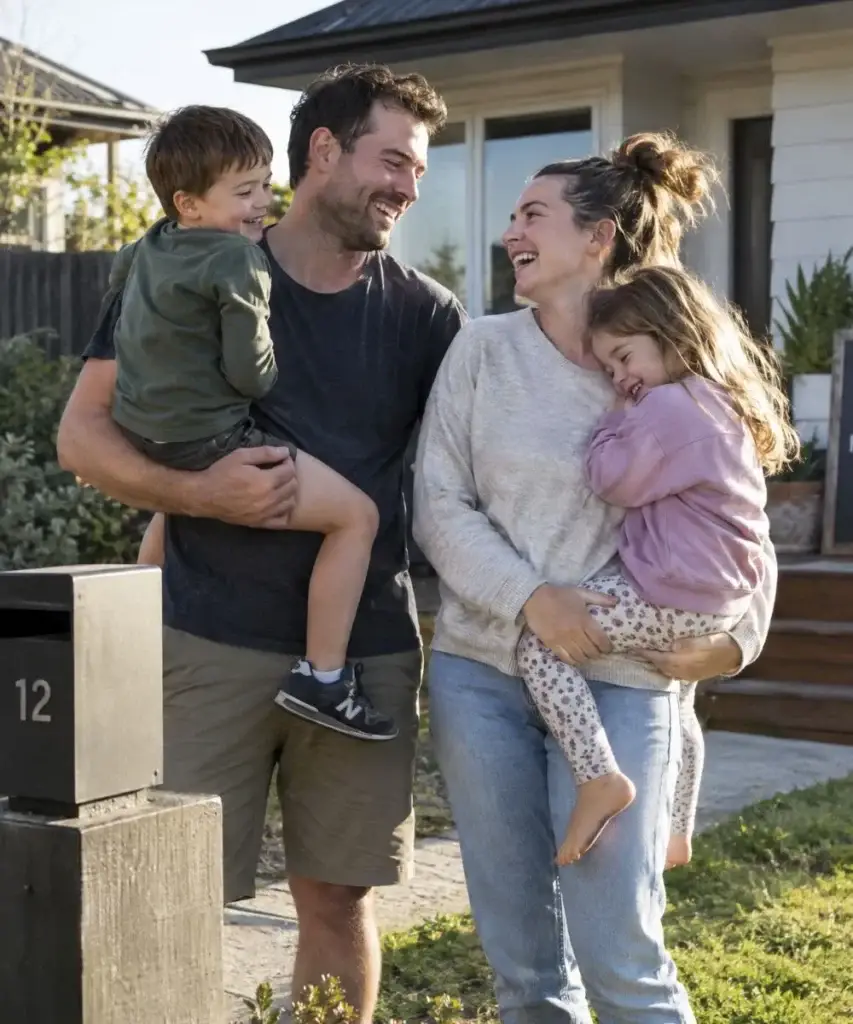 A young family with two small children outside their first home in New Zealand