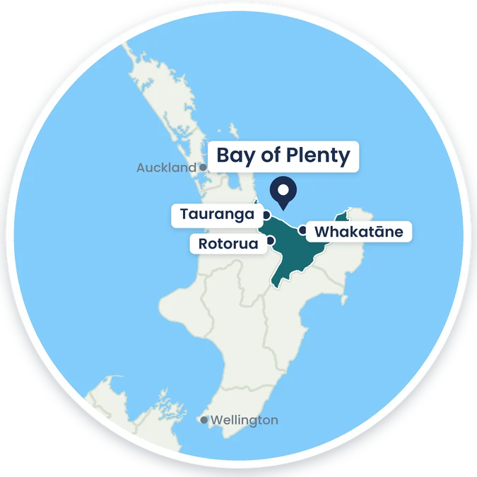 Map of New Zealand with the Bay of Plenty region highlighted